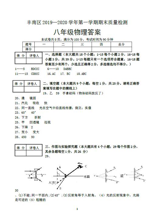 2019-2020河北唐山丰南初二上物理期末考试题目答案